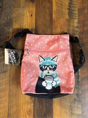 Pink Polka Dot Cat Crossbody Bag with Coffee Graphic